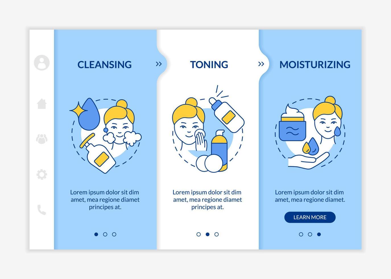 huidverzorging routine stappen blauw en wit onboarding sjabloon. schoonheidsprocedures. responsieve mobiele website met lineaire conceptpictogrammen. webpagina walkthrough 3 stap schermen. lato-bold, gewone lettertypen gebruikt vector