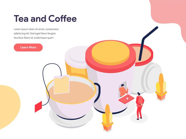 Thee en koffie illustratie Concept. Isometrisch ontwerpconcept webpaginaontwerp voor website en mobiele website Vector illustratie