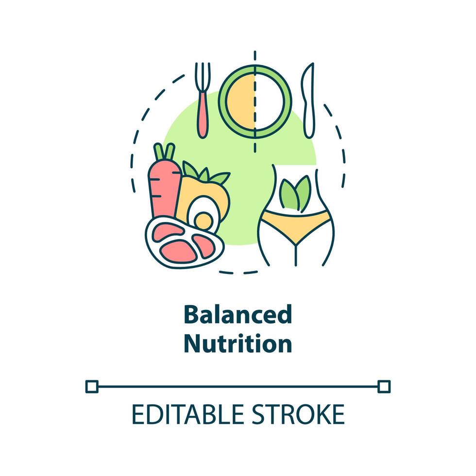 evenwichtige voeding concept icoon. fitness en gezondheidszorg levensstijl dieet abstracte idee dunne lijn illustratie. geïsoleerde overzichtstekening. bewerkbare streek. roboto-medium, talloze pro-bold lettertypen gebruikt vector