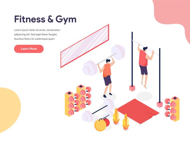 Fitness en fitnessruimte illustratie concept. Isometrisch ontwerpconcept webpaginaontwerp voor website en mobiele website Vector illustratie