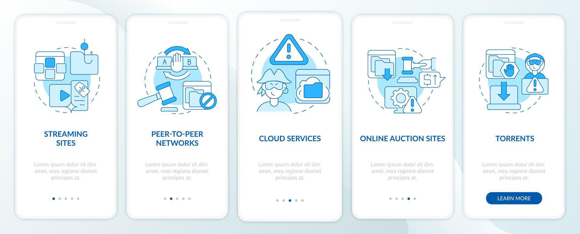bronnen van illegale inhoud op het paginascherm van de mobiele app. streaming sites walkthrough 5 stappen grafische instructies met concepten. ui, ux, gui vectorsjabloon met lineaire kleurenillustraties vector