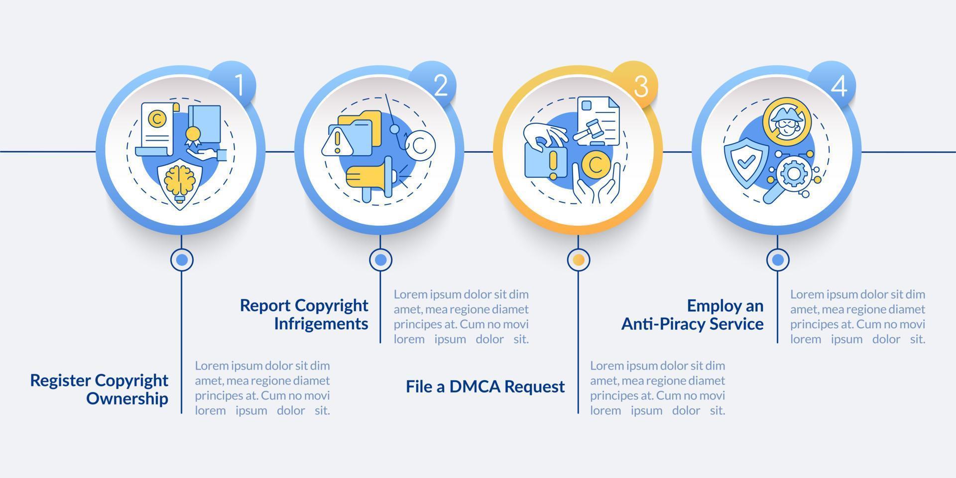 bescherming tegen piraterij vector infographic sjabloon. dmca verzoek presentatie schets ontwerpelementen. datavisualisatie met 4 stappen. proces tijdlijn info grafiek. workflowlay-out met lijnpictogrammen