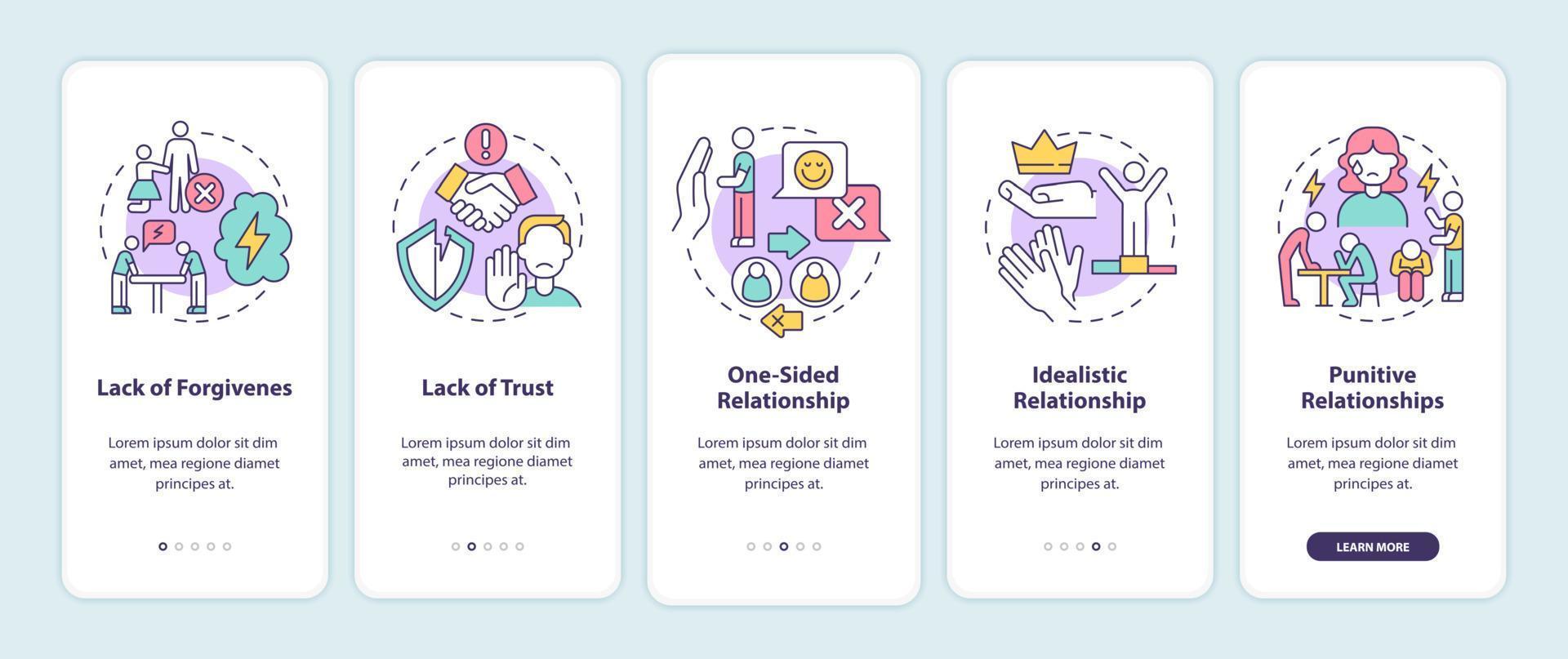 giftige relaties typen onboarding mobiele app paginascherm. bestraffende en idealistische 5 stappen grafische instructies met concepten. ui, ux, gui vectorsjabloon met lineaire kleurenillustraties vector