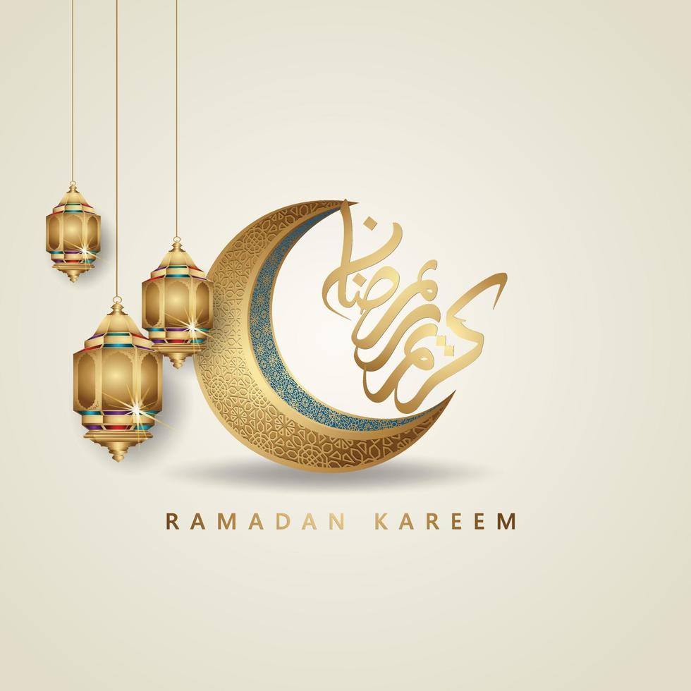 luxe design ramadan kareem met arabische kalligrafie, halve maan, traditionele lantaarn en moskee patroon textuur islamitische achtergrond. vectorillustratie. vector