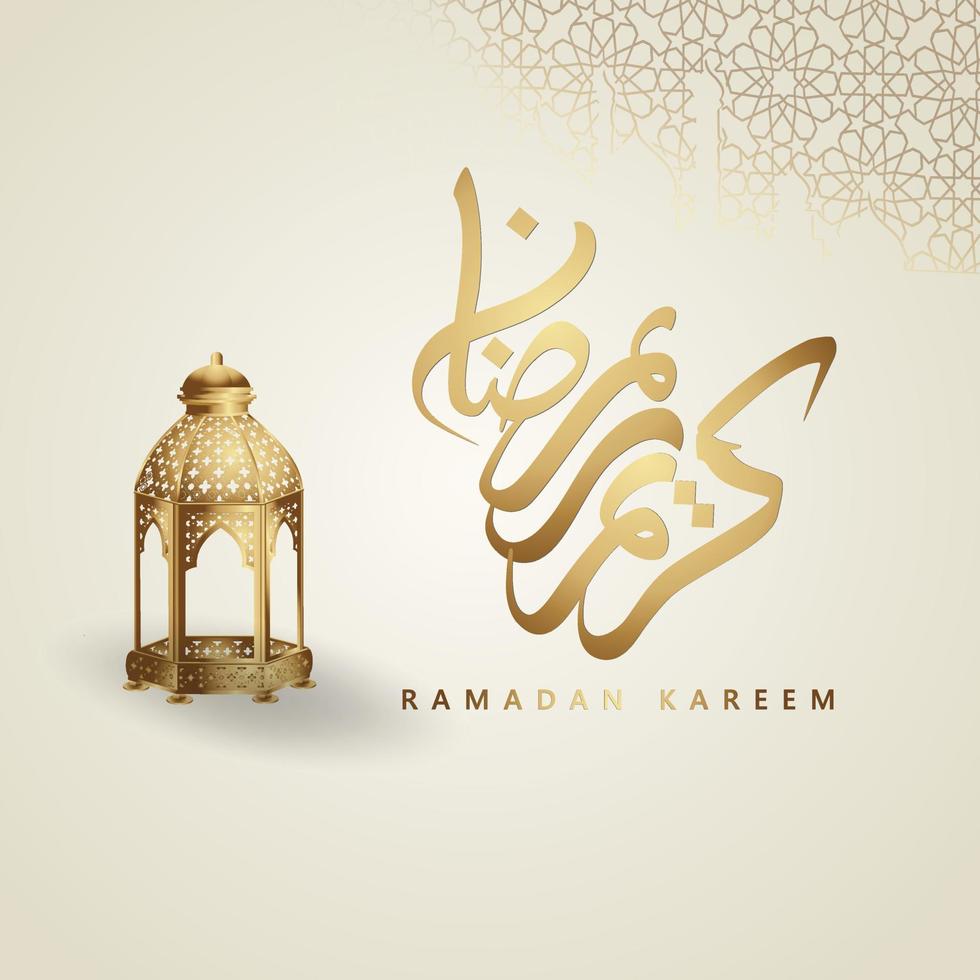 luxe design ramadan kareem met arabische kalligrafie, halve maan, traditionele lantaarn en moskee patroon textuur islamitische achtergrond. vectorillustratie. vector