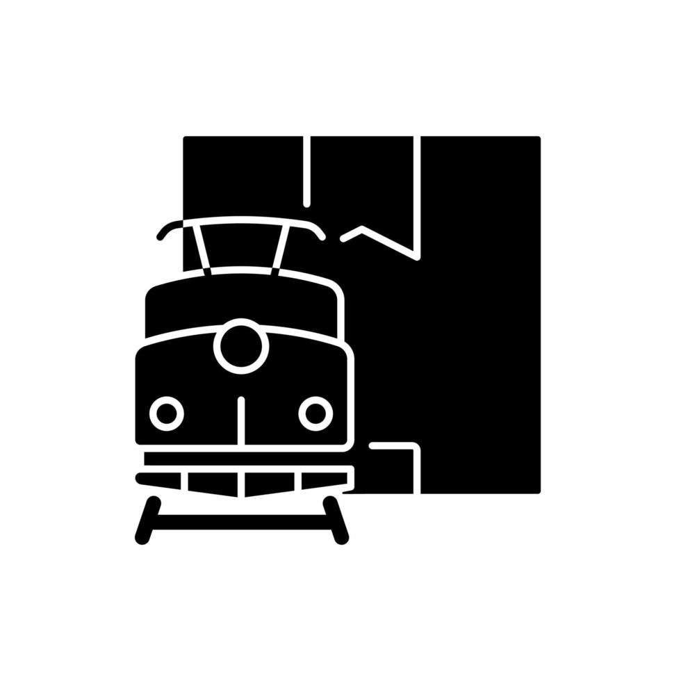 wereldwijde spoorvrachtverzending zwart glyph-pictogram. het bezorgen van bestellingen per spoor. moderne trein die vracht naar de douane vervoert. silhouet symbool op witte ruimte. vector geïsoleerde illustratie