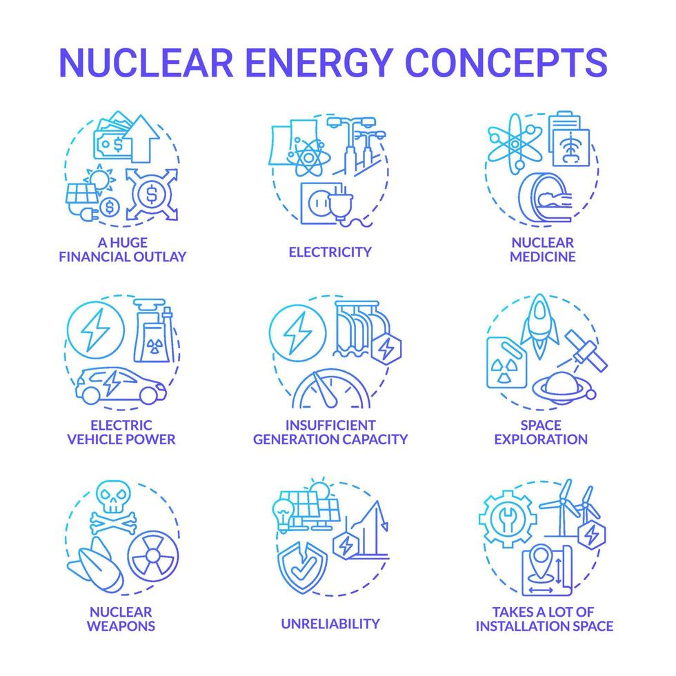 kernenergie blauwe kleurovergang concept pictogrammen instellen. innovatief idee van nucleaire technologie dunne lijn kleurenillustraties. onbetrouwbaarheid. enorme financiële uitgave. vector geïsoleerde overzichtstekeningen