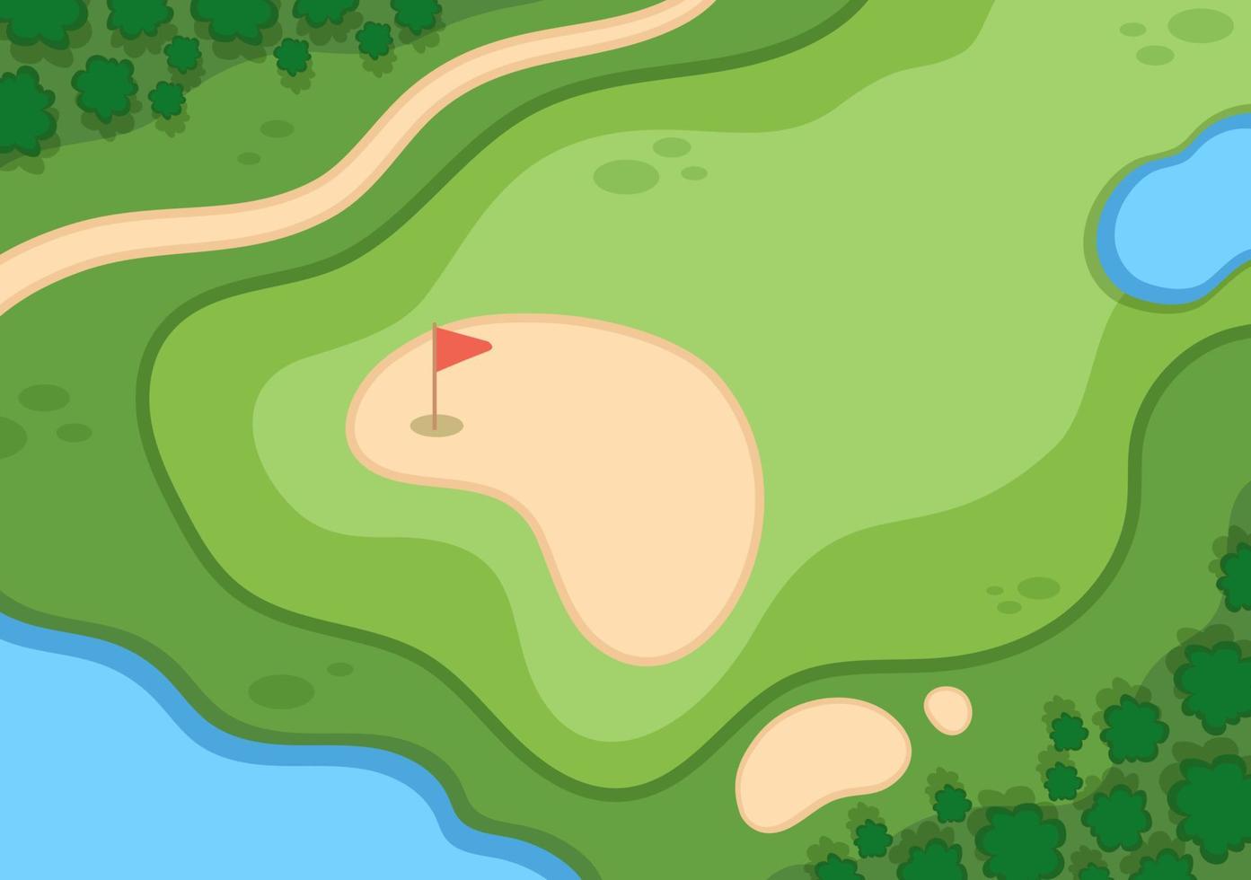 golfsport spelen met vlaggen, zandgrond, zandbunker en uitrusting op buitentuin groene planten in platte cartoon achtergrondillustratie vector