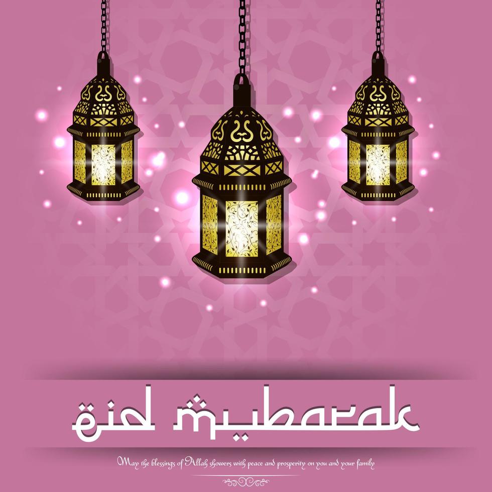 eid mubarak wenskaart ontwerp met lantaarns lamp op roze achtergrond vector