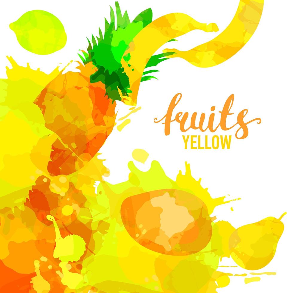 geel fruit set getekende aquarel vlekken en vlekken met een spray, citroen, peer, ananas, bananen, thaise mango. geïsoleerde eco natuurvoeding vector fruit illustratie op witte achtergrond met belettering