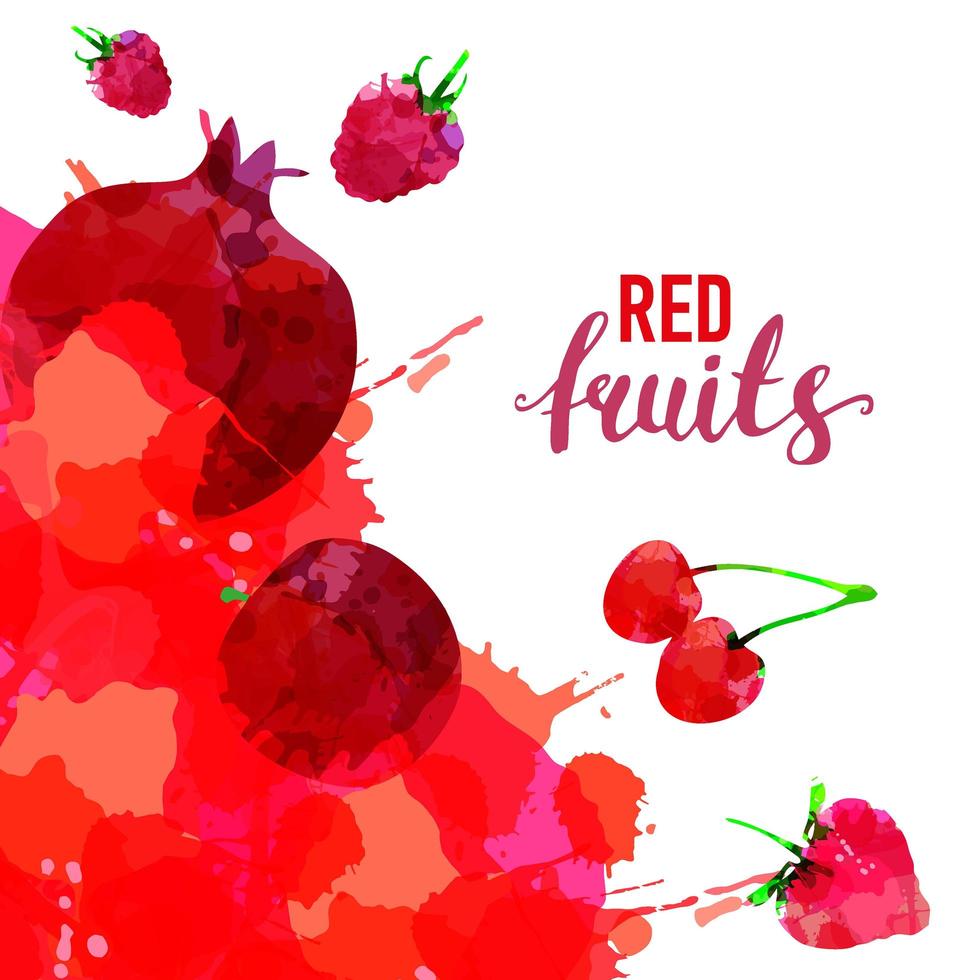 rood fruit set getekende aquarel vlekken en vlekken met een spray aardbei, framboos, granaatappel, kers, rode appelkers, bes. geïsoleerde eco natuurvoeding vector fruit illustratie
