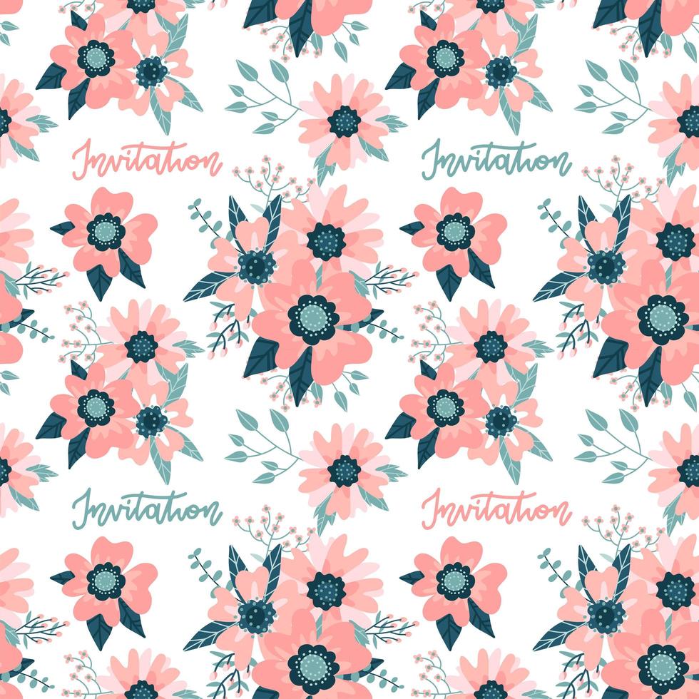 kleurrijke naadloze bloemmotief met rozenbottels bloemen en belettering offerte - uitnodiging. platte vectorillustratie. vector