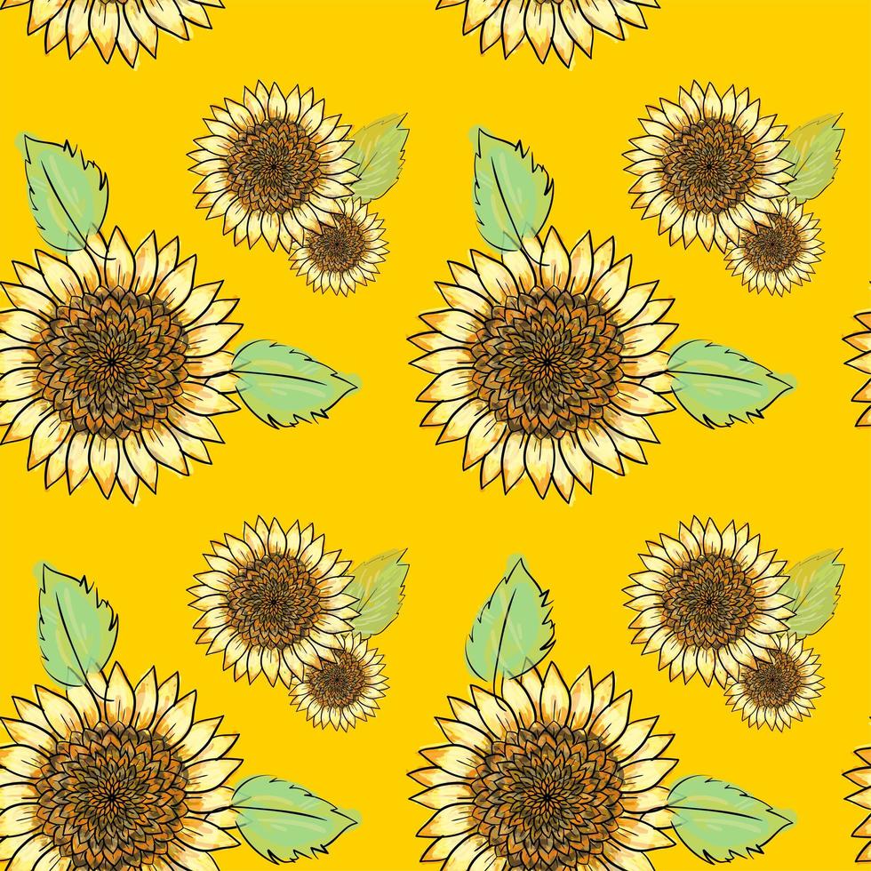 zonnebloem vector naadloze patroon met groene bladeren, imitatie van inkt en aquarel op gele achtergrond. handgetekende bloemhoofdjes. behang met natuurlijk thema, inpakpapier, verpakkingspapier, verjaardagskaartontwerp