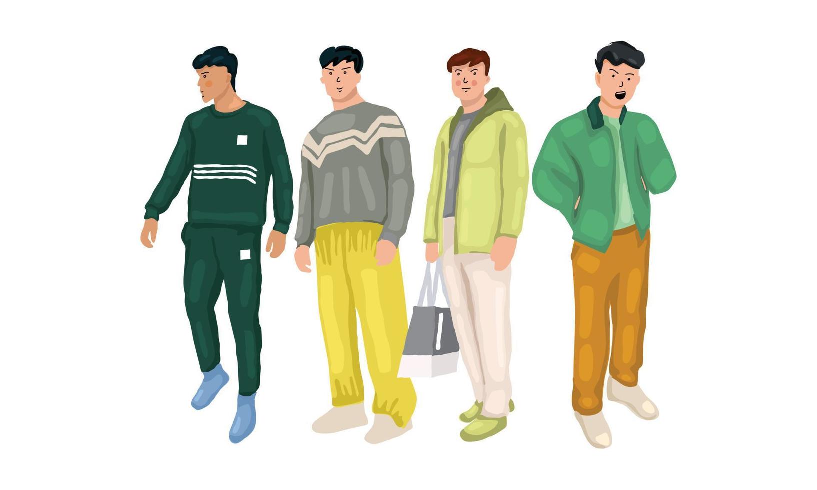 jongen en zijn vrienden poseren met een casual outfit in de kleur mint, groen, matcha, kleurrijke stijl vector