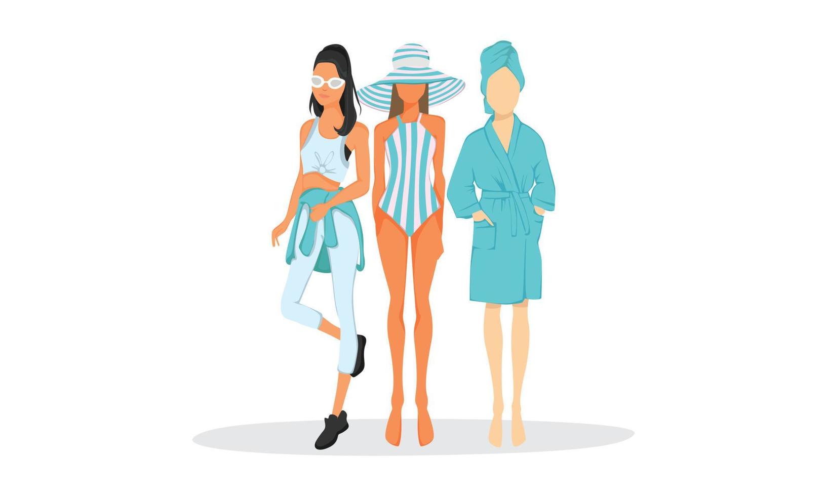 casual turquoise comfortabele outfit in vrouw dame mannequin met dagelijkse kleding en zonnebril casual zwembad sportief karakter beste vriend activiteit leven vector