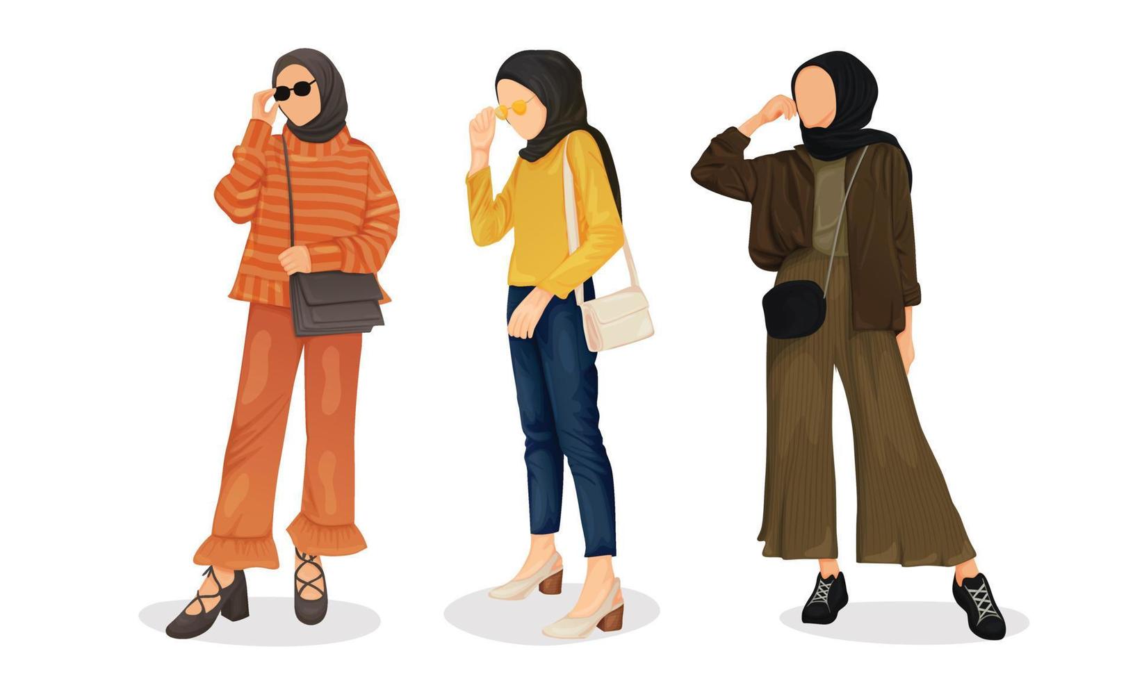 zakelijke hijab-vrouwen met kleurrijke outfit voor werkdagoutfit maken haar elke dag comfortabel. net als shirt, culotte, schoenen, sling bag vector