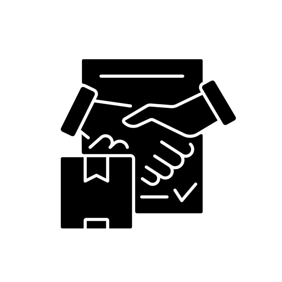 verzending contract zwart glyph icoon. internationale handelsovereenkomst, zaken en partnerschap. vrachtbezorgservice. silhouet symbool op witte ruimte. vector geïsoleerde illustratie