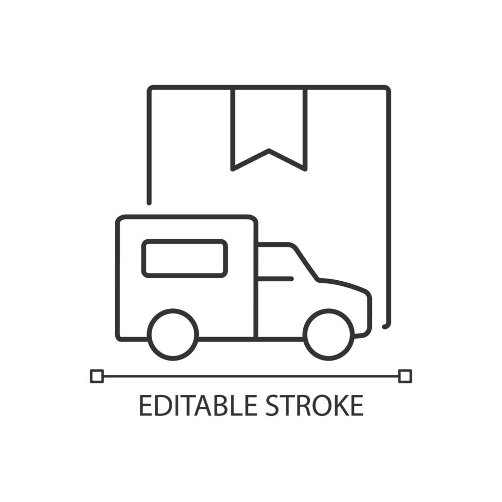 internationale vrachtwagenlading verzending klantenservice lineaire pictogram. vrachten met vrachtwagens afleveren. dunne lijn aanpasbare illustratie. contour symbool. vector geïsoleerde overzichtstekening. bewerkbare streek