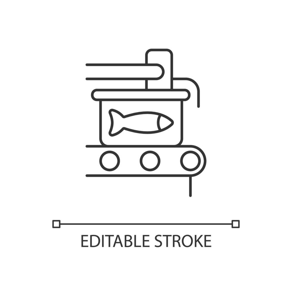 inblikken lineaire pictogram. vis verwerking. afdichtende transportband. geconserveerde zeevruchten. commercieel produceren. dunne lijn aanpasbare illustratie. contour symbool. vector geïsoleerde overzichtstekening. bewerkbare streek