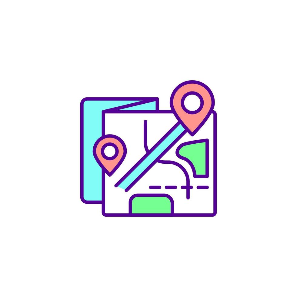 rgb-kleurenpictogram voor verkeersintensiteit verlagen. routekaart. vermindering van de stedelijke luchtvervuiling. weg ecologie. locatie volgen. stedelijke omgeving. geïsoleerde vectorillustratie. eenvoudige gevulde lijntekening vector