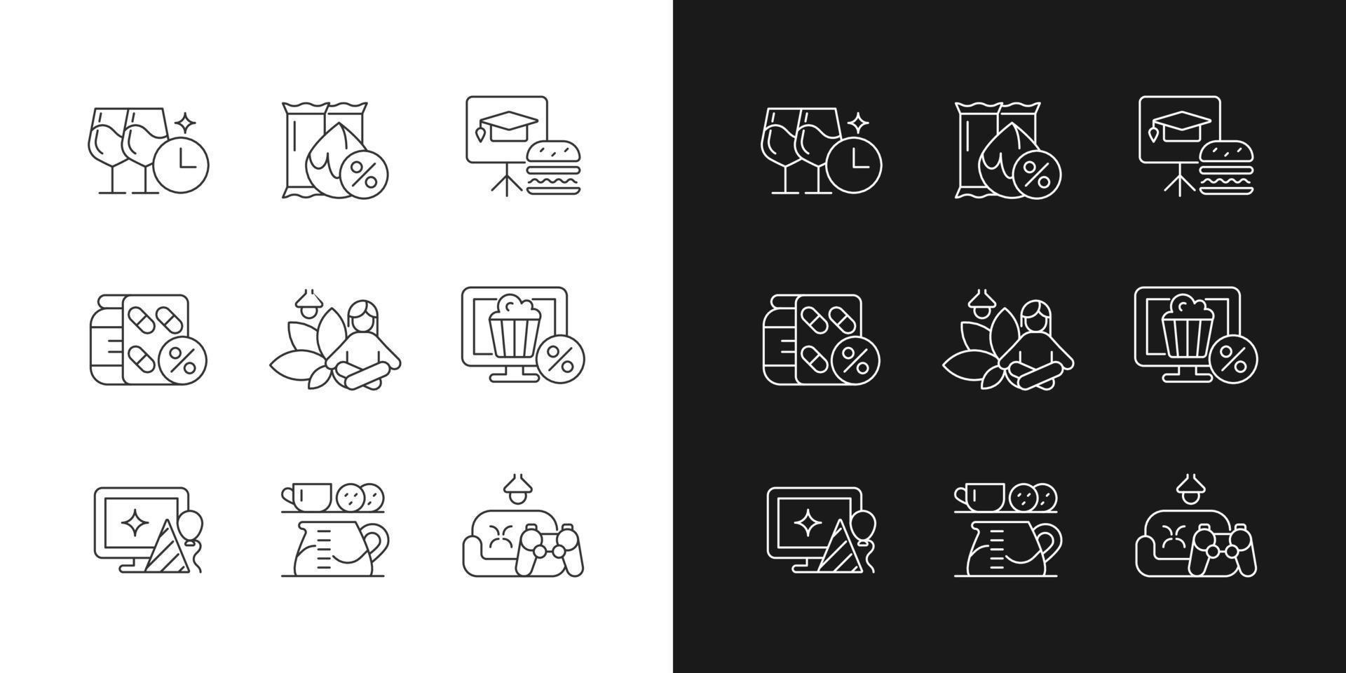 personeelsbeloningen voor welzijn lineaire pictogrammen ingesteld voor donkere en lichte modus. het verstrekken van bedrijfskortingen. aanpasbare dunne lijn symbolen. geïsoleerde vectoroverzichtsillustraties. bewerkbare streek vector