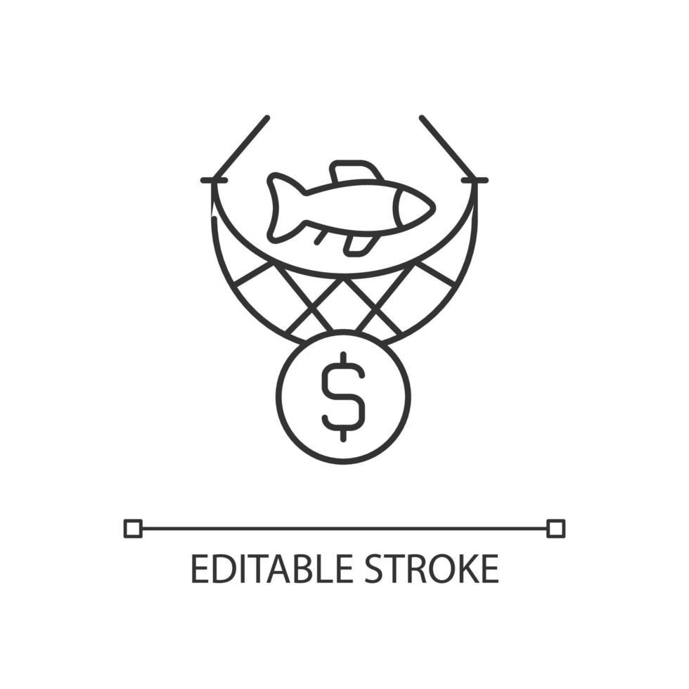 commerciële visserij lineaire pictogram. het vangen van zeevruchten voor de handel. aquacultuur oogst. vis industrie. dunne lijn aanpasbare illustratie. contour symbool. vector geïsoleerde overzichtstekening. bewerkbare streek