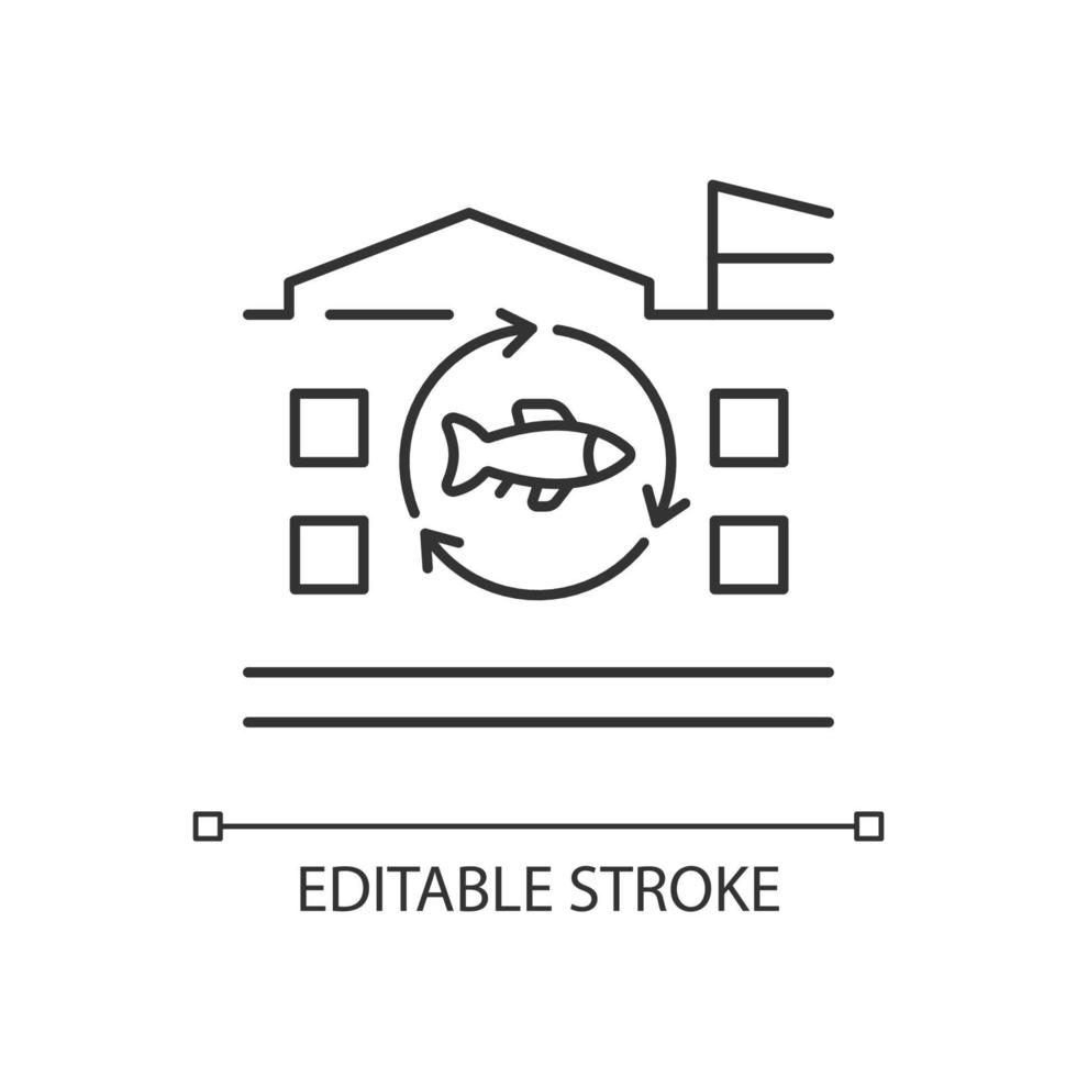 visverwerkingsbedrijf lineaire pictogram. bereiding en conservering van commerciële zeevruchtenproducten. dunne lijn aanpasbare illustratie. contour symbool. vector geïsoleerde overzichtstekening. bewerkbare streek