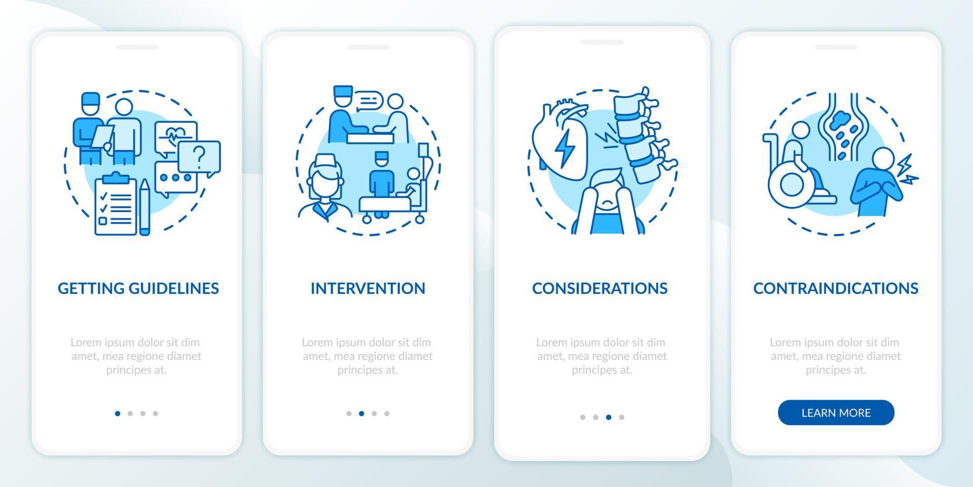 longrevalidatieproces blauw onboarding mobiel app-paginascherm. herstelplan walkthrough 4 stappen grafische instructies met concepten. ui, ux, gui vectorsjabloon met lineaire kleurenillustraties vector