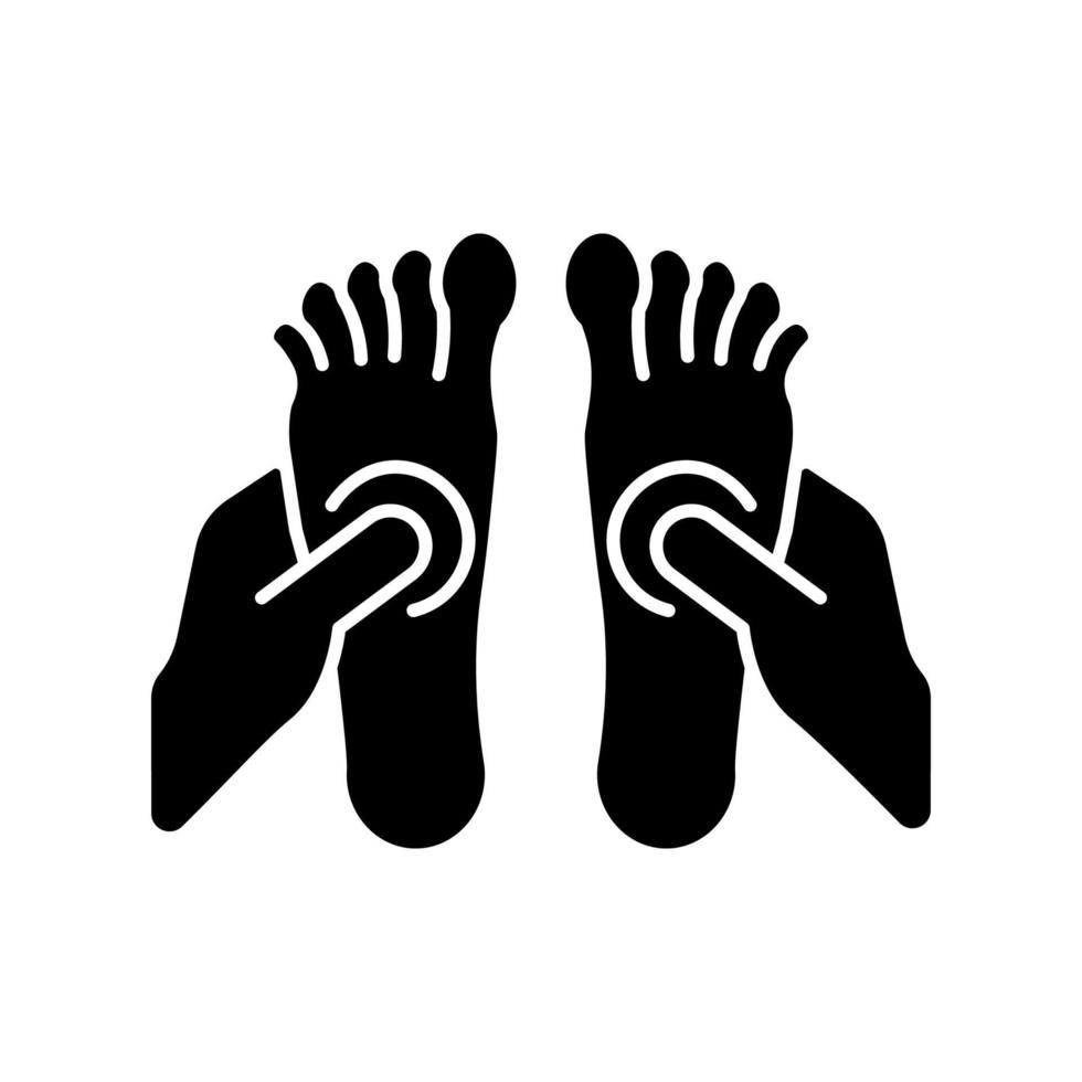 reflexologie zwarte glyph pictogram. druk uitoefenen op de voeten. therapeutische massagetechniek. de bloedsomloop verbeteren. energieblokkades los te laten. silhouet symbool op witte ruimte. vector geïsoleerde illustratie