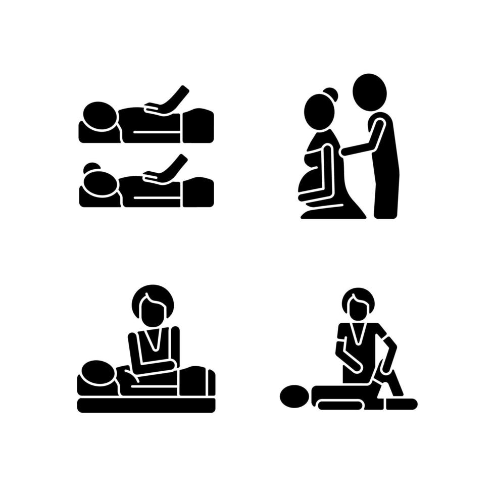 ontspannende spa-ervaring zwarte glyph-pictogrammen ingesteld op witte ruimte. versterking van de binding in een relatie. prenatale massagetherapie. diepe druk. herstel van blessures. silhouet symbolen. vector geïsoleerde illustratie