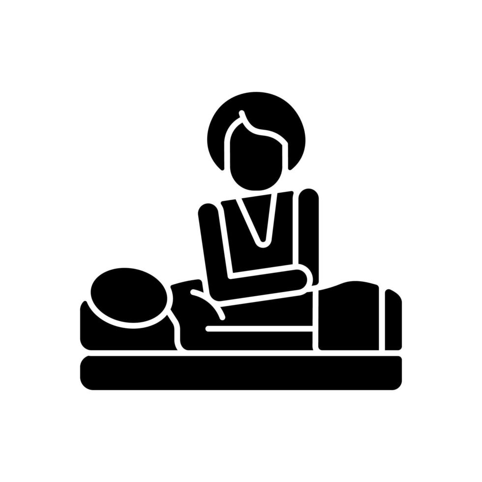 deep tissue massage zwart glyph-pictogram. behandeling van klachten aan het bewegingsapparaat. het verlichten van chronische spierpijn. diepe druk. behandelen van sportblessures. silhouet symbool op witte ruimte. vector geïsoleerde illustratie