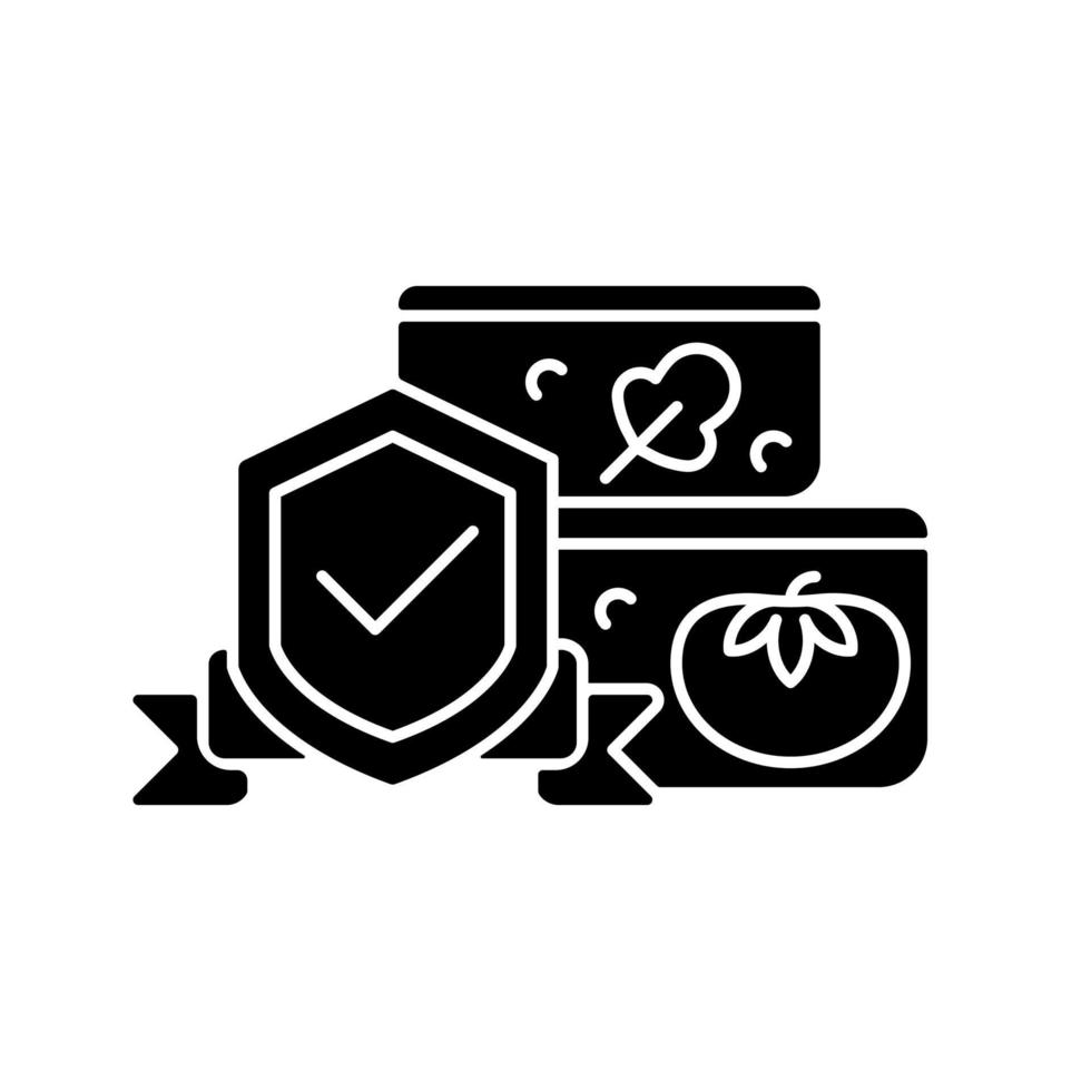 voedselcontacttests zwart glyph-pictogram. zorgen voor een veilige productopslag. voeding contaminatie preventie. verpakking en materiaal testen. silhouet symbool op witte ruimte. vector geïsoleerde illustratie