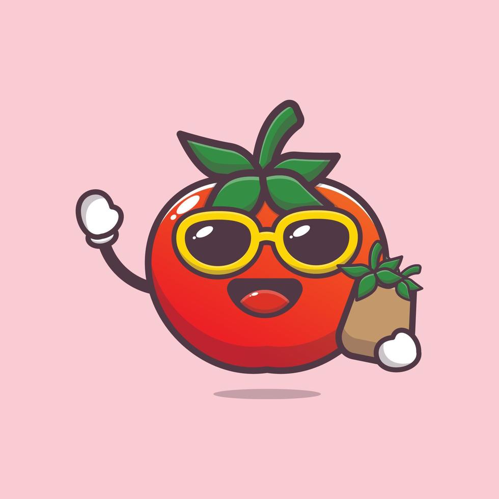 schattig tomaat stripfiguur in zonnebril met boodschappentas vector