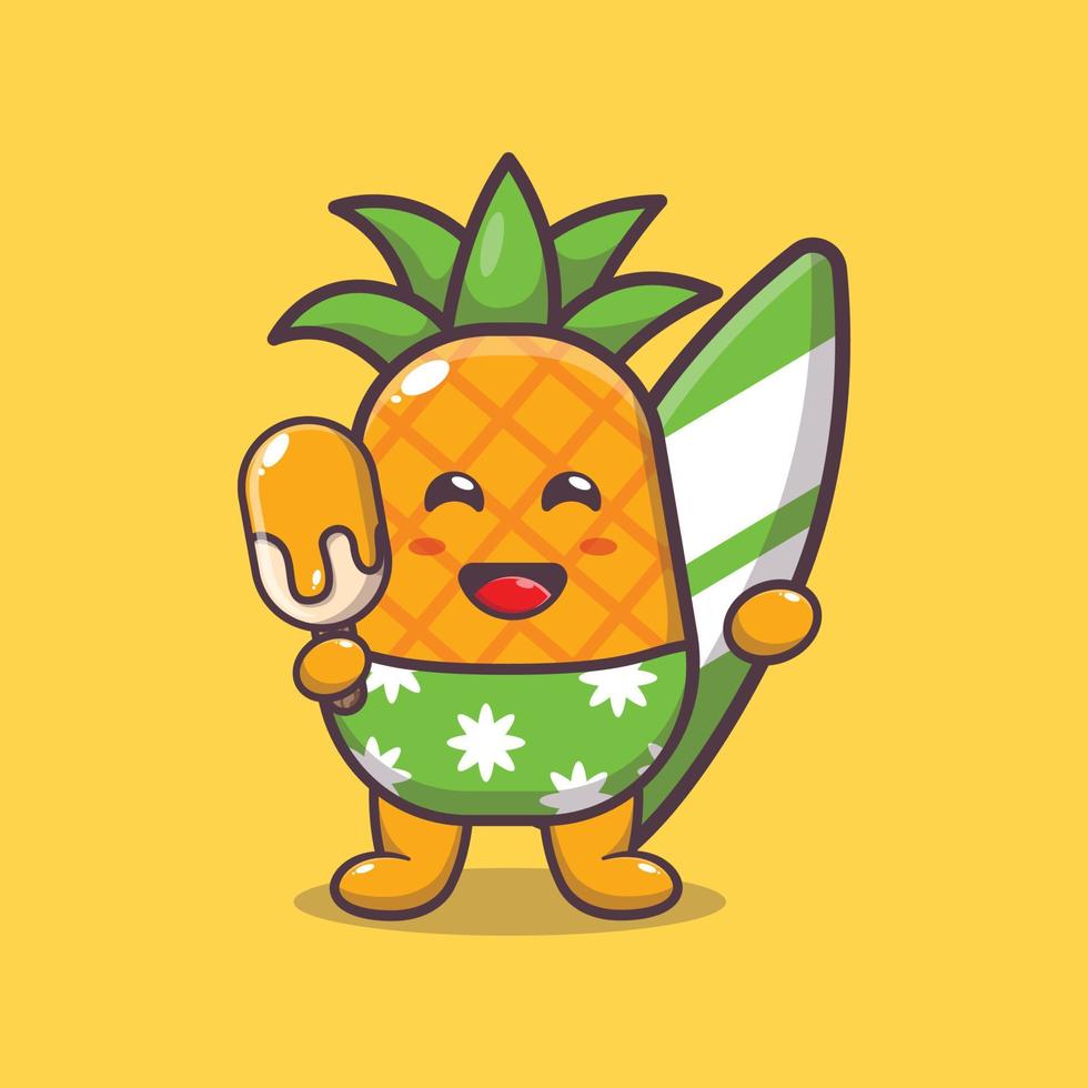 schattig ananas stripfiguur mascotte met surfplank en ijs op het strand vector