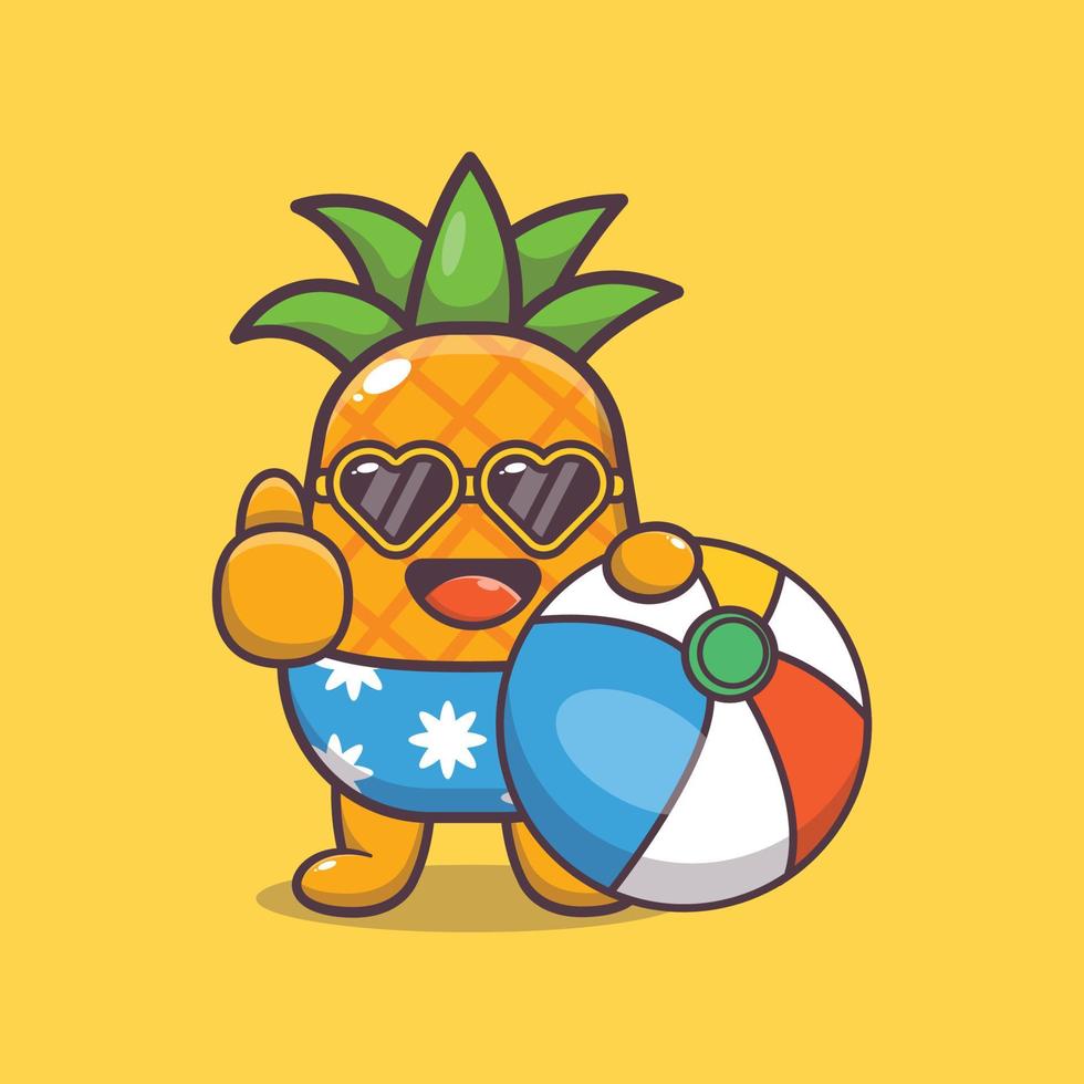 schattige ananas stripfiguur mascotte in zonnebril met strandbal vector