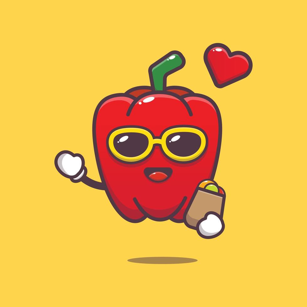 schattige rode paprika stripfiguur in zonnebril met boodschappentas vector