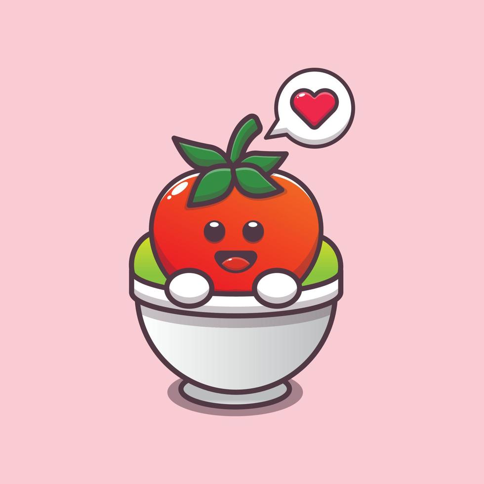schattig tomaat stripfiguur in kom vector