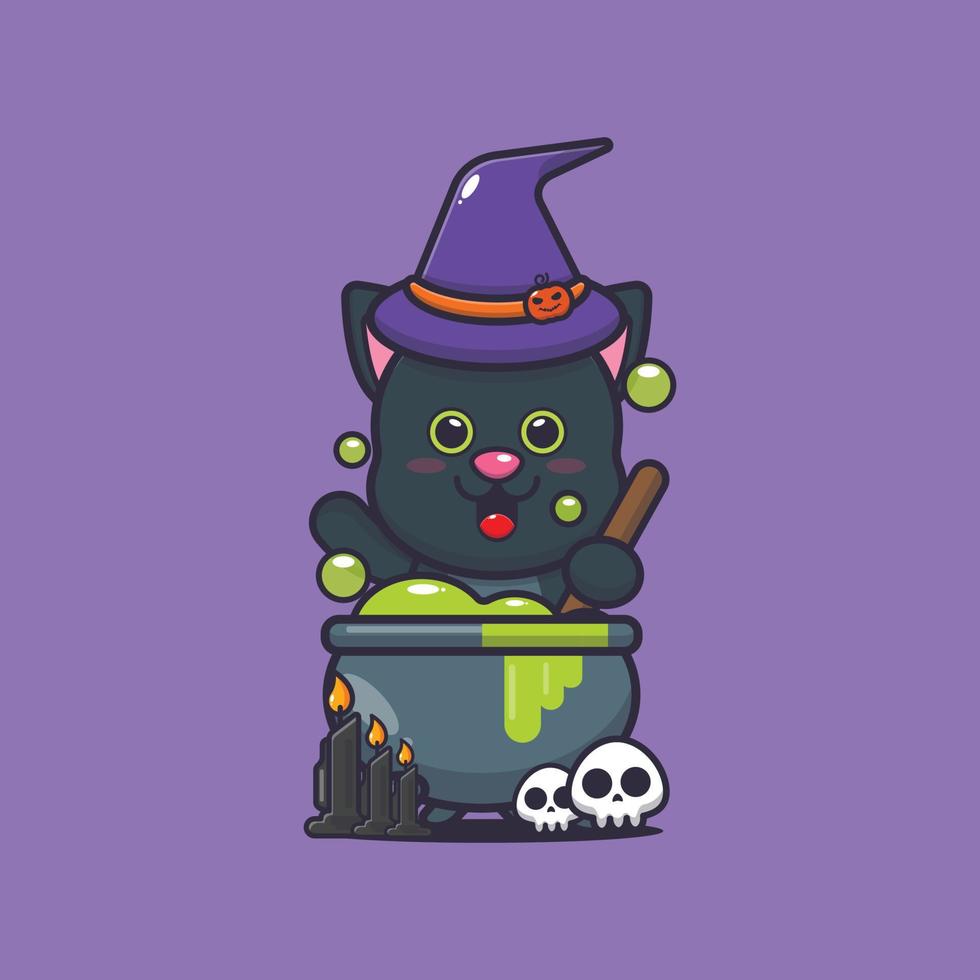 schattige kattenheks die een drankje maakt op Halloween-dag vector