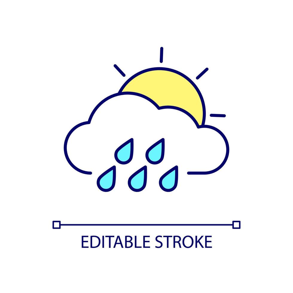 bewolkt weer met regenval rgb kleurenpictogram. nauwkeurig rapport. weervoorspelling. bewolkte hemel voorwaarde. geïsoleerde vectorillustratie. eenvoudige gevulde lijntekening. bewerkbare streek. arial lettertype gebruikt vector