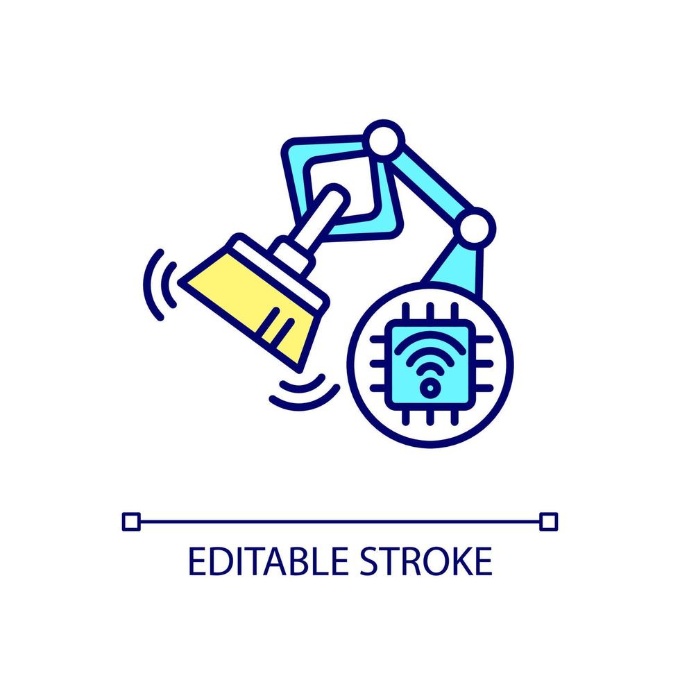 machine voor thuisreiniging rgb-kleurenpictogram. slim apparaat met borstel. stof verwijderen. automatische vloerreiniging. geïsoleerde vectorillustratie. eenvoudige gevulde lijntekening. bewerkbare streek. arial lettertype gebruikt vector