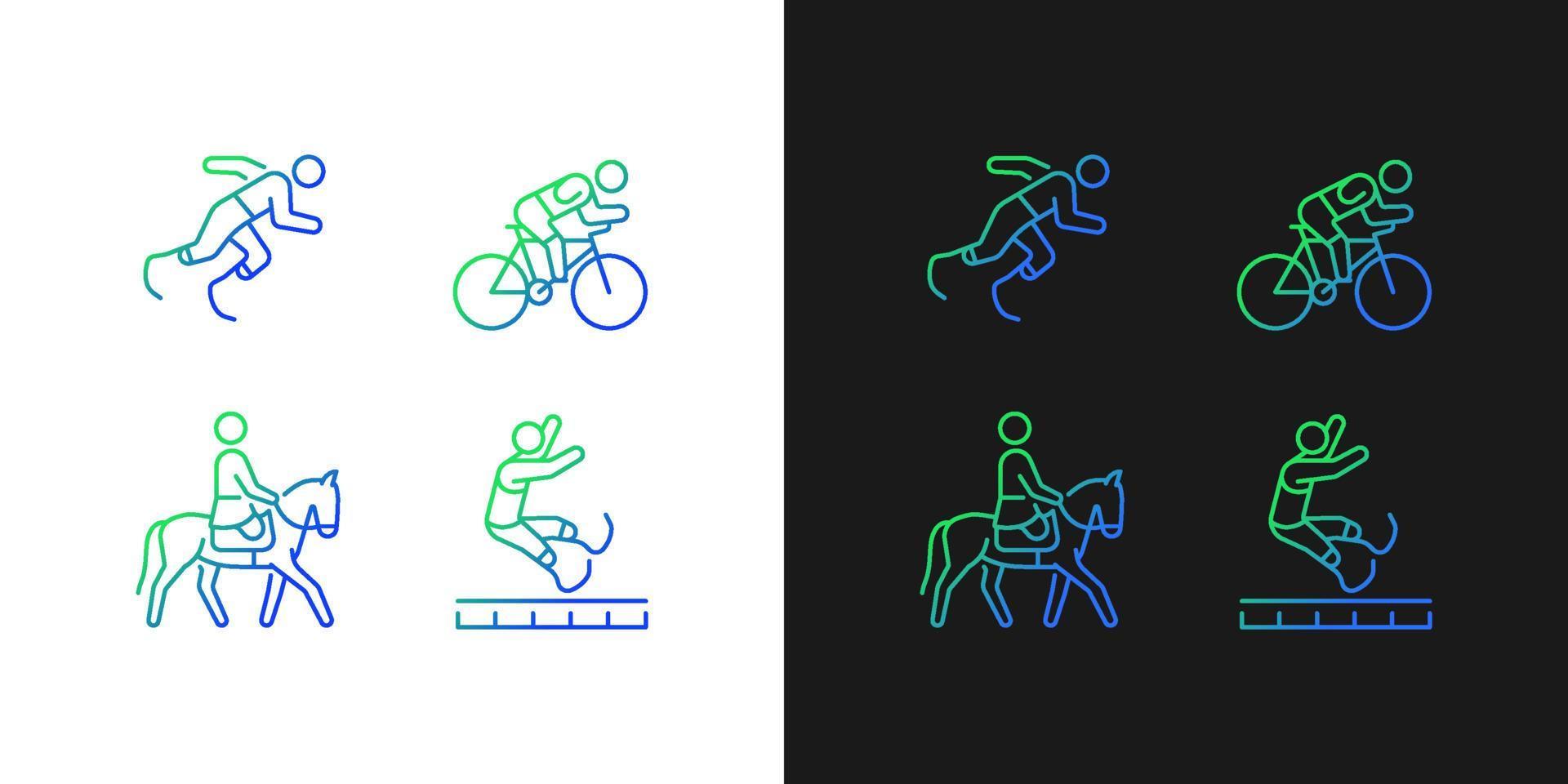 adaptieve sportverlooppictogrammen ingesteld voor donkere en lichte modus. sportman met prothese. dunne lijn contour symbolen bundel. geïsoleerde vector overzicht illustraties collectie op zwart-wit