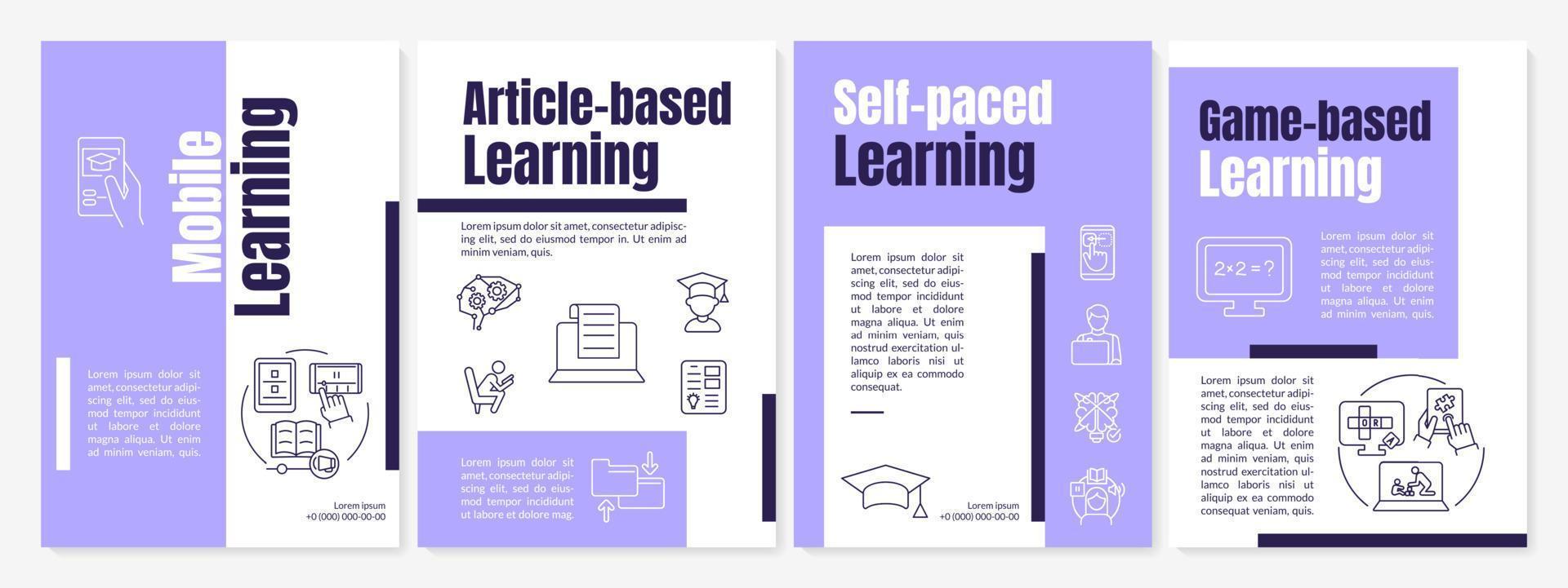 e-learning platforms typen paarse brochure sjabloon. online onderwijs. boekje afdrukontwerp met lineaire pictogrammen. vectorlay-outs voor presentatie, jaarverslagen, advertenties. anton, lato-reguliere lettertypen gebruikt vector