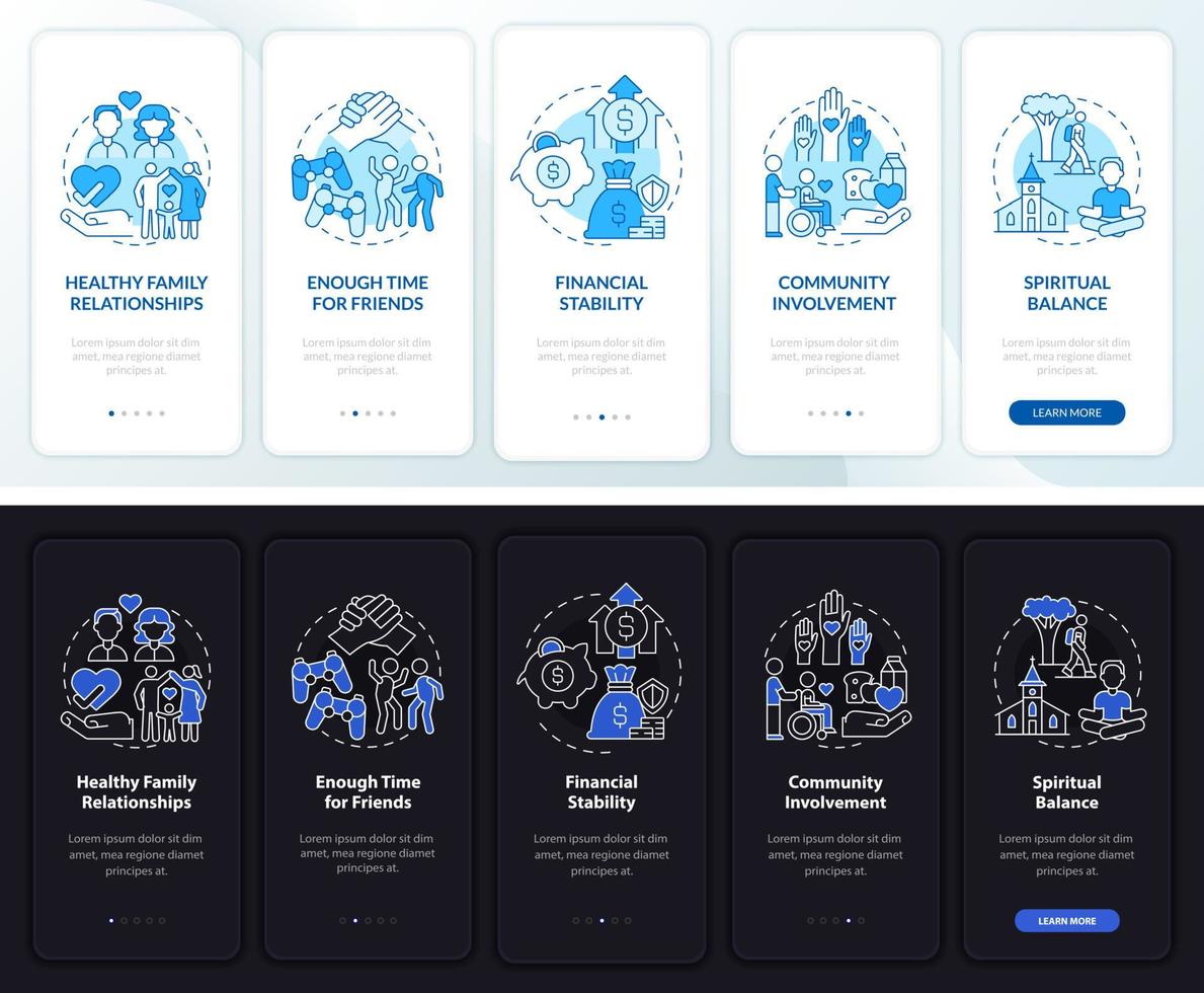 evenwichtige levenstekens nacht- en dagmodus onboarding mobiele app-scherm. joy walkthrough 5 stappen grafische instructiepagina's met lineaire concepten. ui, ux, gui-sjabloon. talloze pro-bold, reguliere lettertypen gebruikt vector