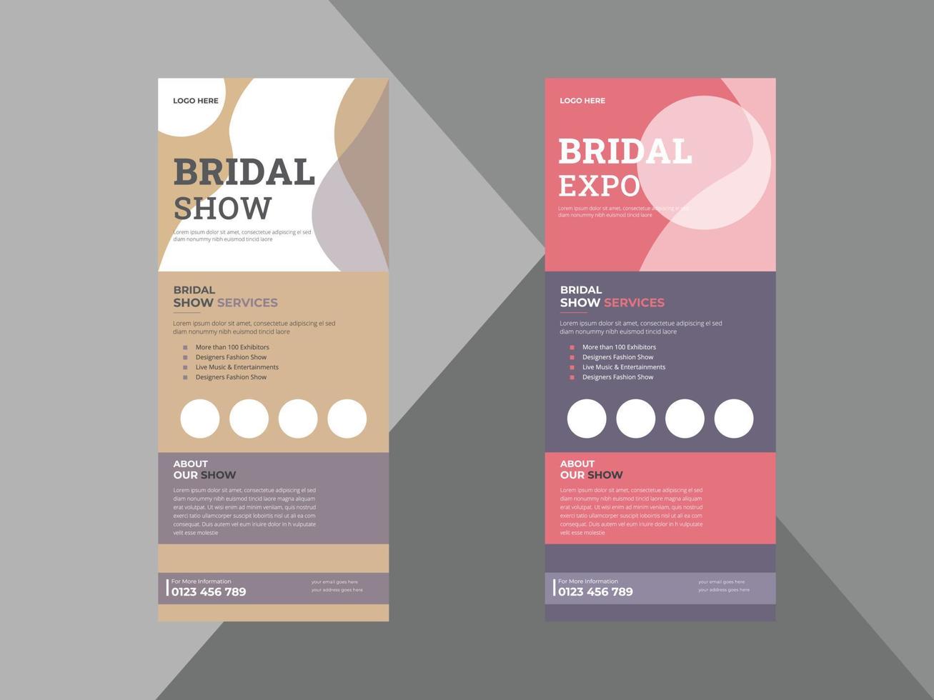 bruidsshow expo roll-up ontwerp, decoratieve bruids poster folder ontwerp dl flyer, viering partij flyer, bruids douche uitnodiging roll-up banner voorbeelden, drukklaar, vector eps