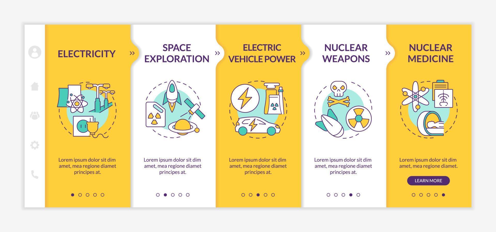 kernenergie in het dagelijks leven onboarding vector sjabloon. responsieve mobiele website met pictogrammen. webpagina walkthrough 5 stappen schermen. elektrisch voertuig power kleurconcept met lineaire illustraties