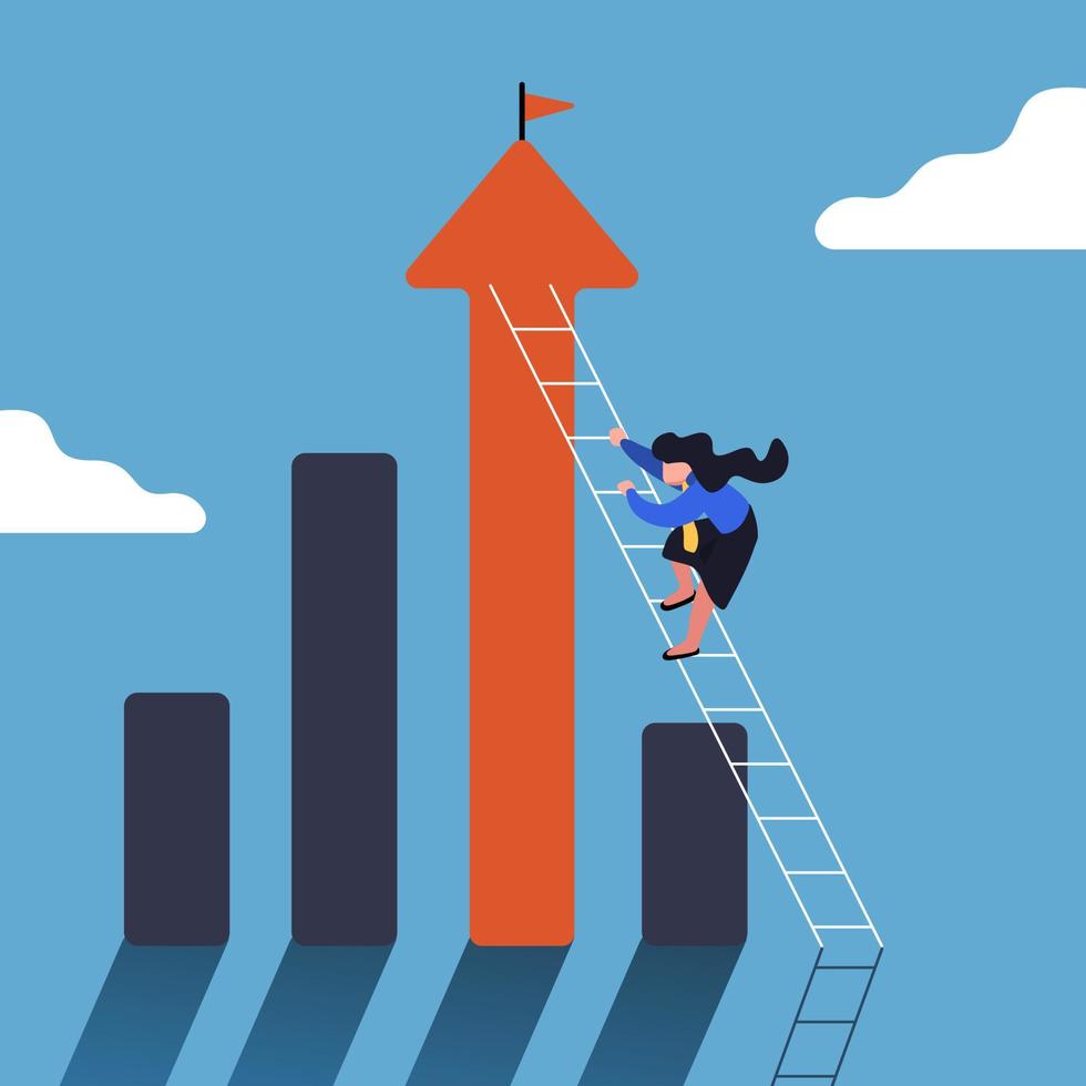 business concept design zakenvrouw klimmen op infographic kolom met ladder. stap groeien bedrijf. verbetering of ontwikkeling om doel, groeireis te bereiken. vector illustratie platte cartoon stijl