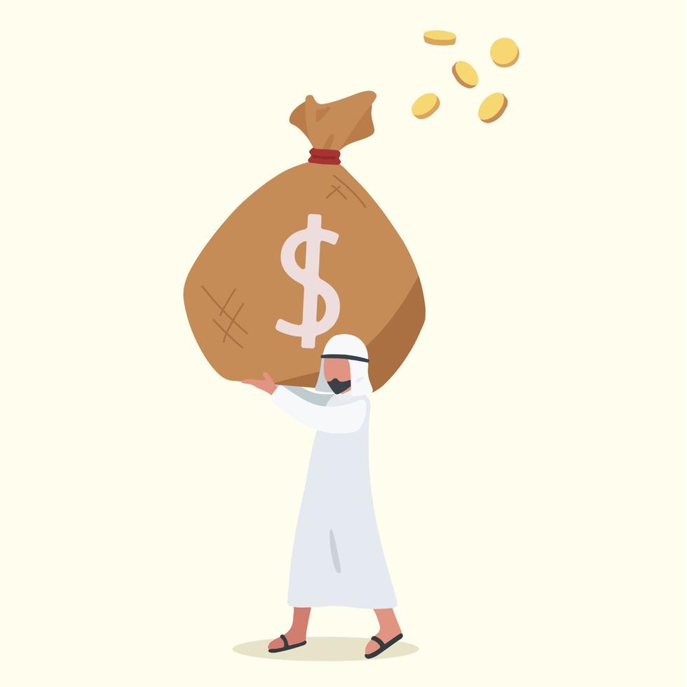 business concept ontwerp Arabische zakenman opheffing zak geld betaaldag. mannelijke manager met grote zak vol geld. werknemer met grote zware zak vol contant geld. vector illustratie platte cartoon