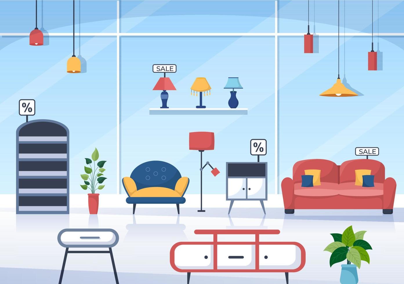 meubelwinkel platte ontwerp illustratie voor de woonkamer om comfortabel te zijn zoals een bank, bureau, kast, lichten, planten en wandkleden vector