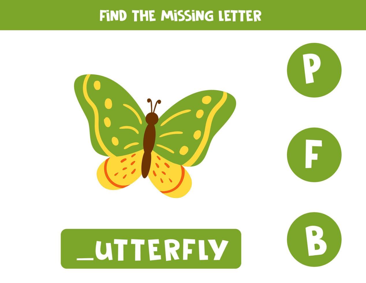 vind ontbrekende brief met schattige vlinder. spelling werkblad. vector