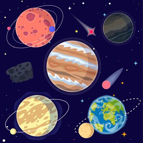 Set van cartoon planeten en ruimtevaart elementen waaronder aarde, maan en Jupiter. Vector illustratie